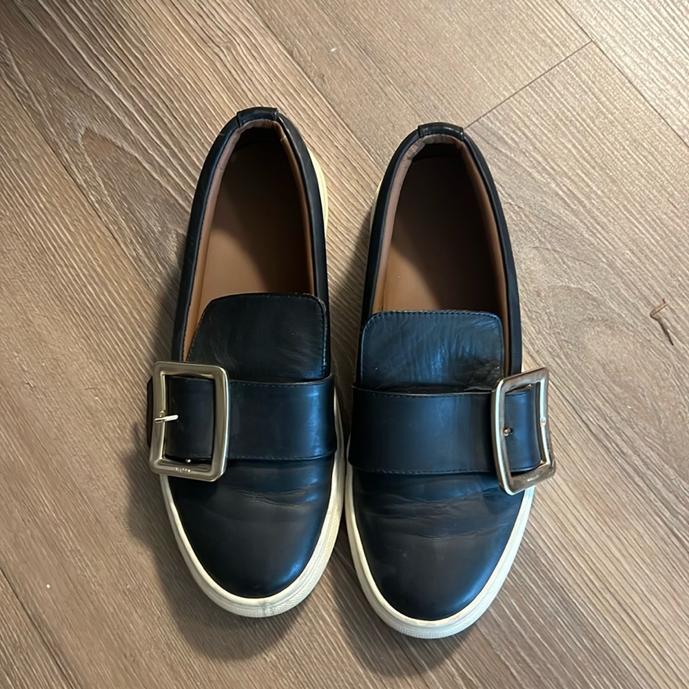 Bally Black Leather Loafers with Gold Buckle Accents